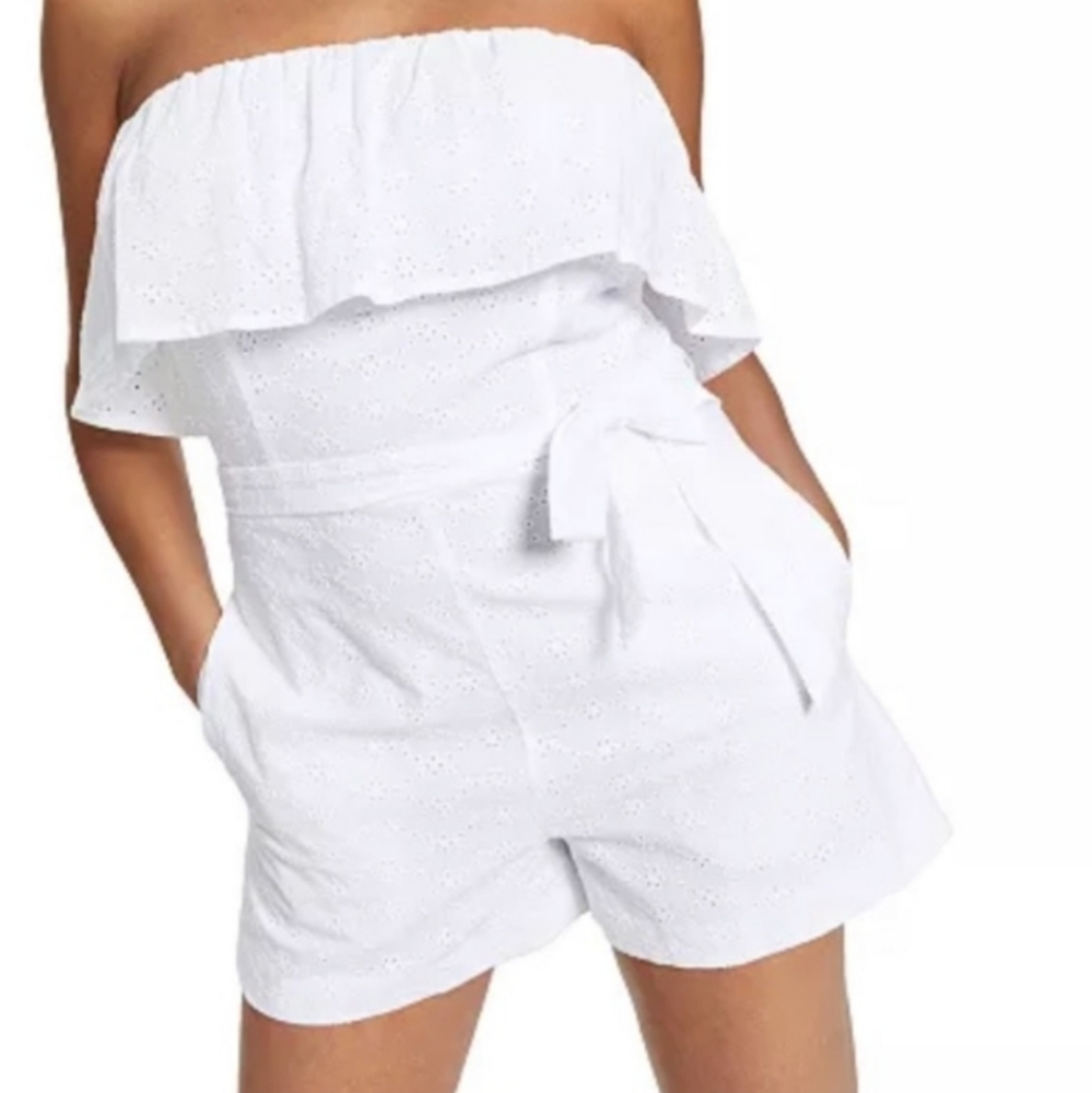 Bar III Strapless Ruffled Eyeley Romper In Bright White